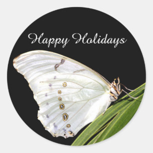 White Morpho butterfly on leaf, Happy Holidays Classic Round Sticker