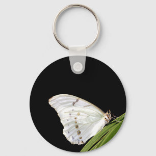 White Morpho butterfly on leaf Key Ring
