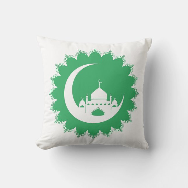 White Mosque, Crescent Moon Ramadan, green Cushion (Front)