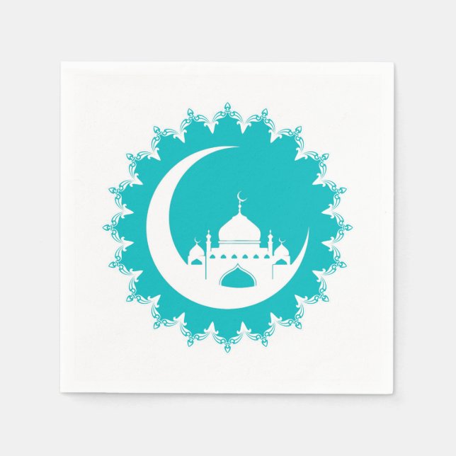 White Mosque in Crescent Moon Ramadan, blue Napkin (Front)