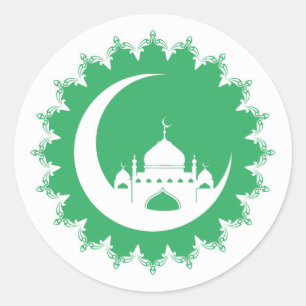 White Mosque in Crescent Moon Ramadan Classic Round Sticker
