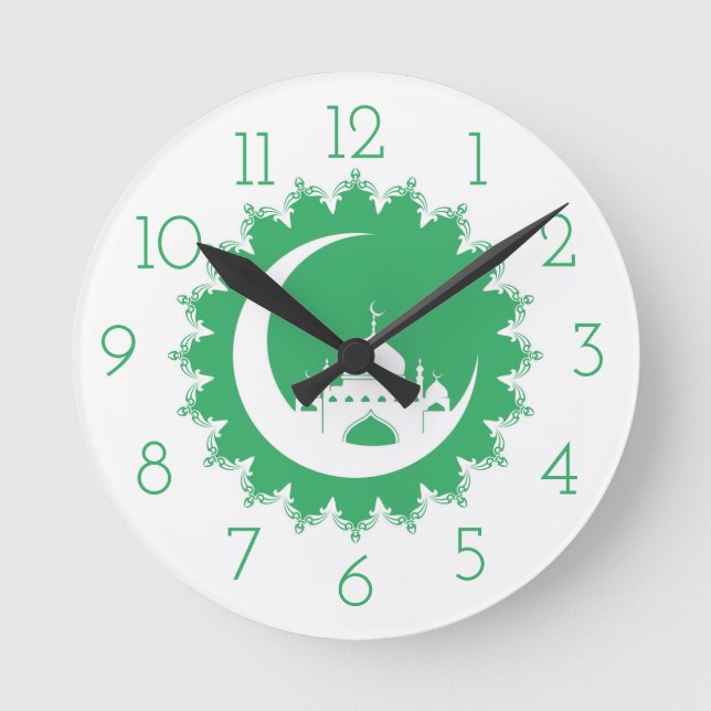 White Mosque in Crescent Moon Ramadan Round Clock (Front)