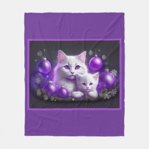 White Mother Cat And Kitten Purple Christmas Scene Fleece Blanket