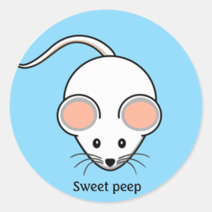 White mouse cartoon on light blue classic round sticker