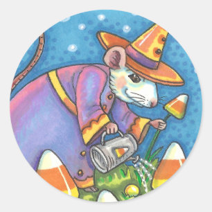 WHITE MOUSE IN CANDY CORN GARDEN, COLORFUL & CUTE CLASSIC ROUND STICKER
