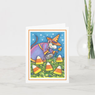 WHITE MOUSE IN CANDY CORN GARDEN, COLORFUL & CUTE HOLIDAY CARD