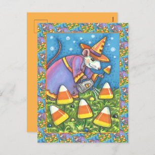WHITE MOUSE IN CANDY CORN GARDEN, COLORFUL & CUTE HOLIDAY POSTCARD