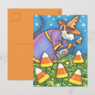 WHITE MOUSE IN CANDY CORN GARDEN, COLORFUL & CUTE HOLIDAY POSTCARD