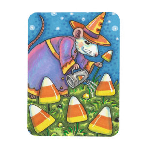 WHITE MOUSE IN CANDY CORN GARDEN, COLORFUL & CUTE MAGNET