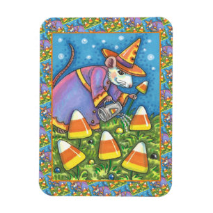 WHITE MOUSE IN CANDY CORN GARDEN, COLORFUL & CUTE MAGNET