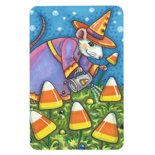 WHITE MOUSE IN CANDY CORN GARDEN, COLORFUL & CUTE MAGNET