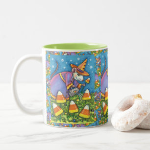 WHITE MOUSE IN CANDY CORN GARDEN, COLORFUL & CUTE Two-Tone COFFEE MUG