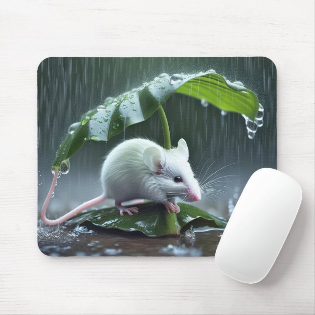 White Mouse Staying Dry Under Big Leaf Mouse Pad (With Mouse)