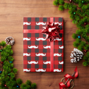 White Moustache Buffalo Plaid Black and Red  Wrapping Paper