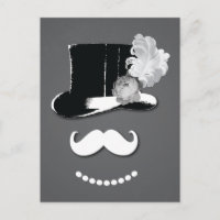 White moustache,top hat, feather and rose