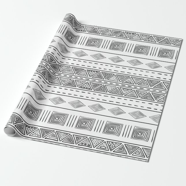 White Mudcloth Style Tribal Modern Geometric Wrapping Paper (Unrolled)
