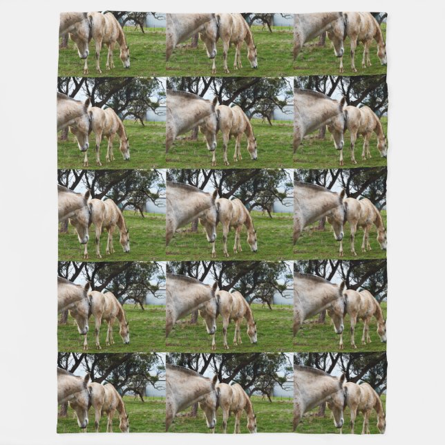 White Muddy Horses Grazing, Large Fleece Blanket (Front)