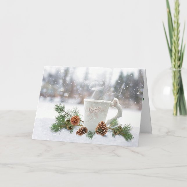 White Mug and Green Pine Snow Christmas Card (Front)