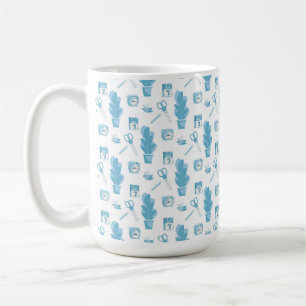 White mug with a blue cactus pattern