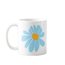 white mug with a soft blue hand-drawn daisy