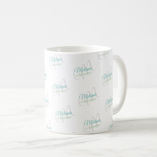 White Mug with her Name and Initial allover  (Front Right)
