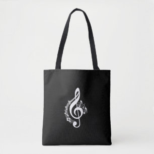 White Music G Clef on Black Tote Bag