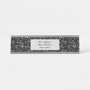White music notes on black background desk name plate