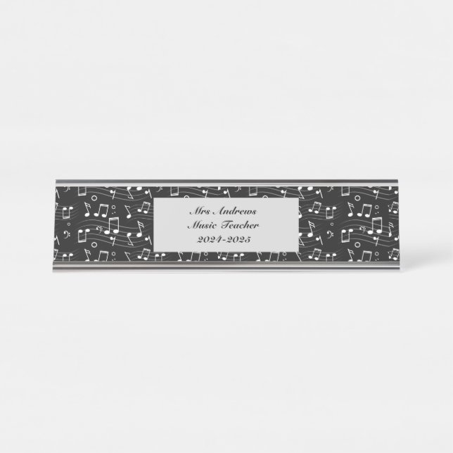 White music notes on black background  desk name plate (Front)