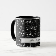 White music notes on black background
