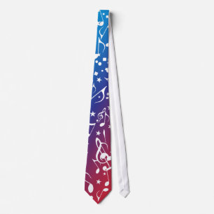 White Music Notes on Red & Blue Background 2 Tie