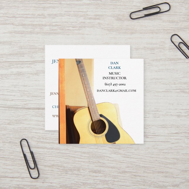 White Music Teacher/Musician /Educator Guitar  Square Business Card (Front/Back In Situ)