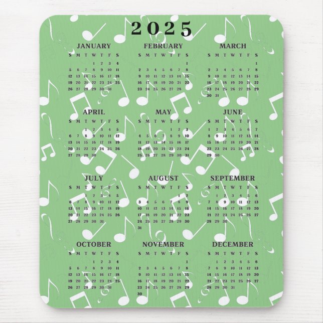 White Musical Notes 2025 Calendar Mousepad (Front)