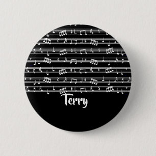 White musical notes on black 6 cm round badge