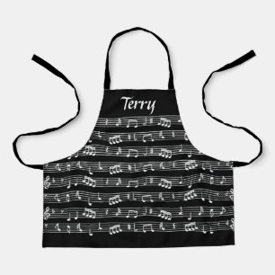 White musical notes on black apron