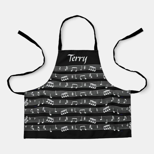 White musical notes on black apron (Front)