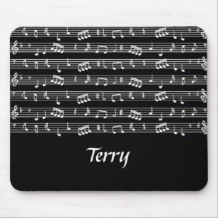 White musical notes on black mouse pad