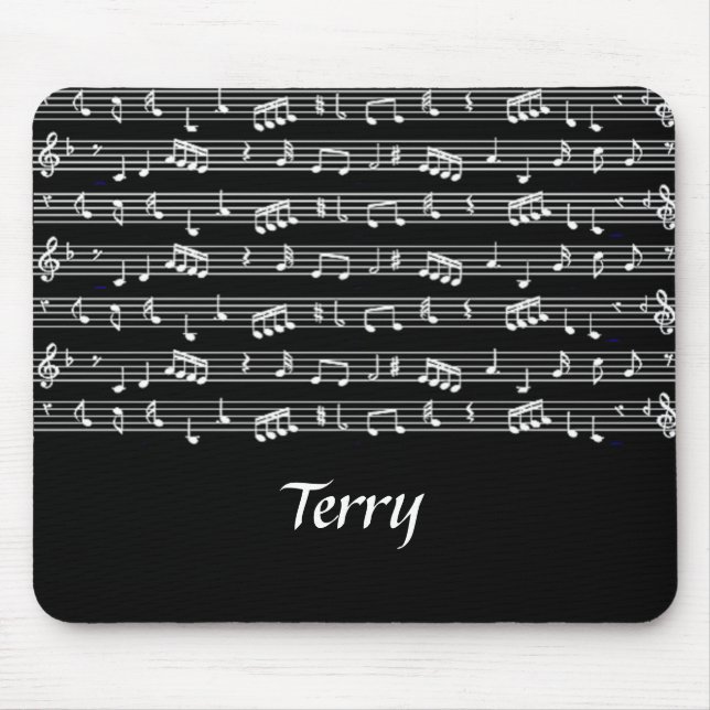 White musical notes on black mouse pad (Front)