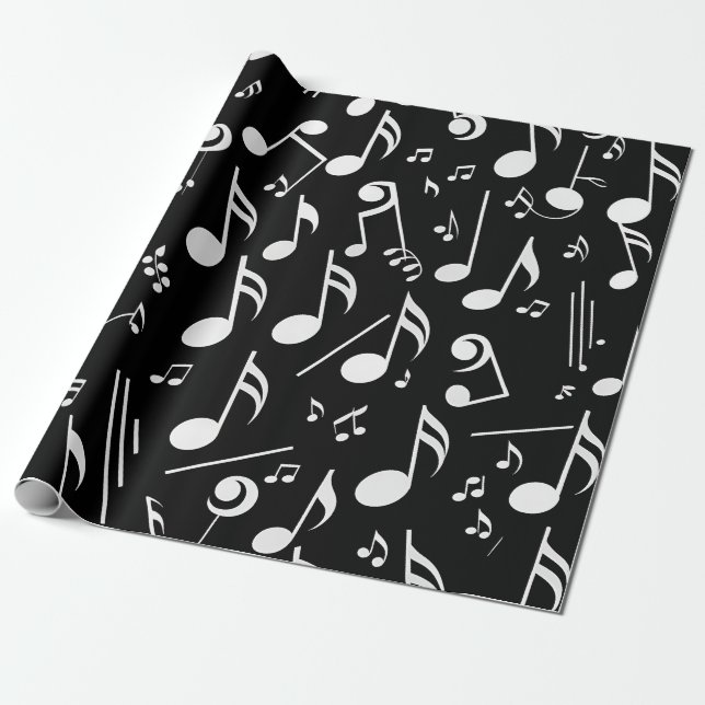 White Musick Notes on Black Wrapping Paper (Unrolled)