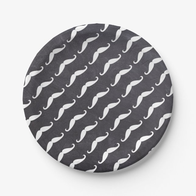 White Mustache Pattern on Chalkboard Little Man Paper Plate (Front)