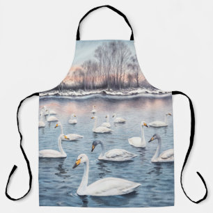 White mute swan on a lake. Watercolor paintingswan Apron