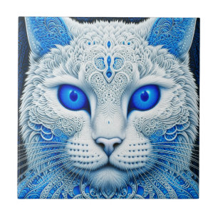 White Mystical Cat Ethereal AI Art Ceramic Tile