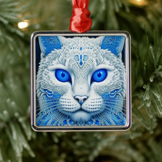 White Mystical Cat Ethereal AI Art Metal Ornament (Tree)