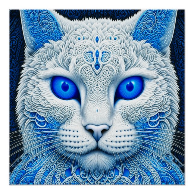 White Mystical Cat Ethereal AI Art Poster (Front)