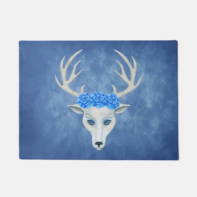 White Mythical Deer Head Antlers Wearing Roses  Doormat (Front)