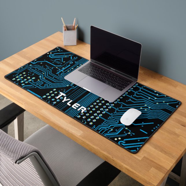 White Name, Black & Blue Circuit Board Desk Mat (Office 2)