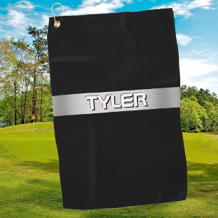 White Name, Brushed Silver Stripe, Black Golf Towel