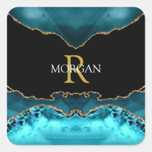 White Name & Gold Monogram, Teal Gold Black Agate Square Sticker