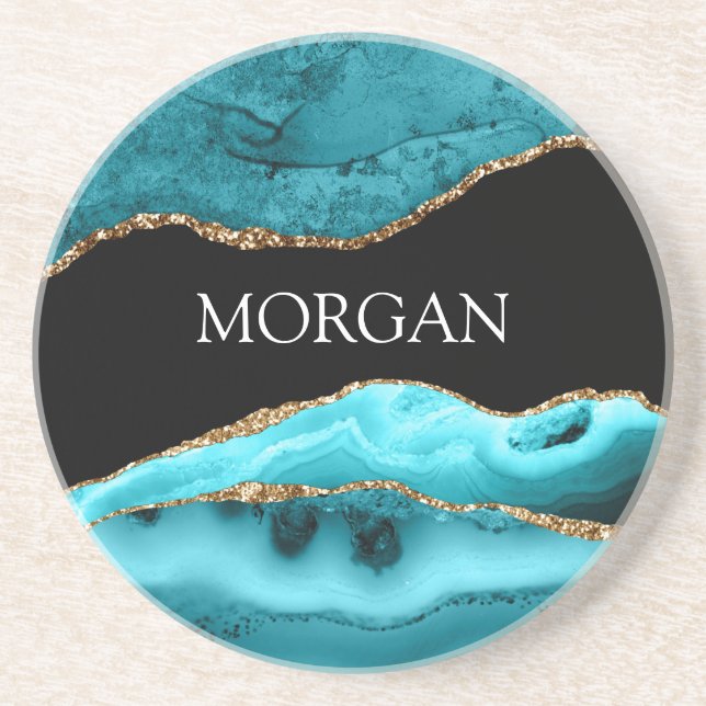 White Name on Black, Gold & Teal Agate Coaster (Front)