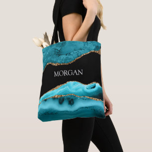 White Name on Black, Gold & Teal Agate Tote Bag