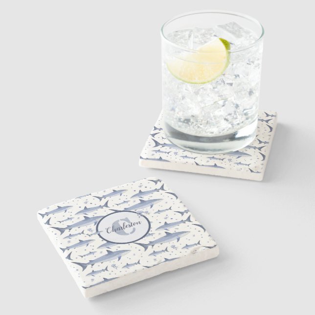 White| Name + Watercolor Monogram Shark Jellyfish Stone Coaster (Side)